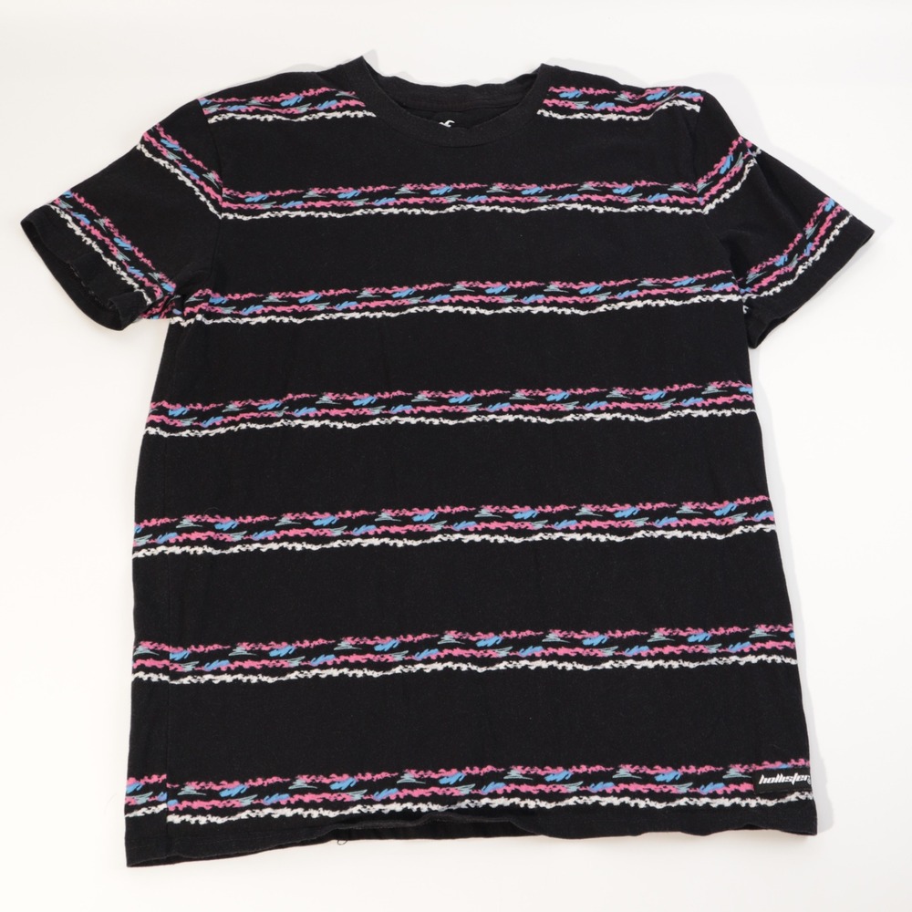 Hollister Mens Relaxed Fit Striped T-Shirt Black Pink Blue Scribble Medium